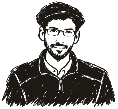Ink drawing of Danny Stone in a flat cap and glasses